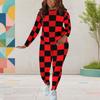 Women Plus Size Red Black Checkered Printed Round Neck Long Sleeve Two Piece Pants Set