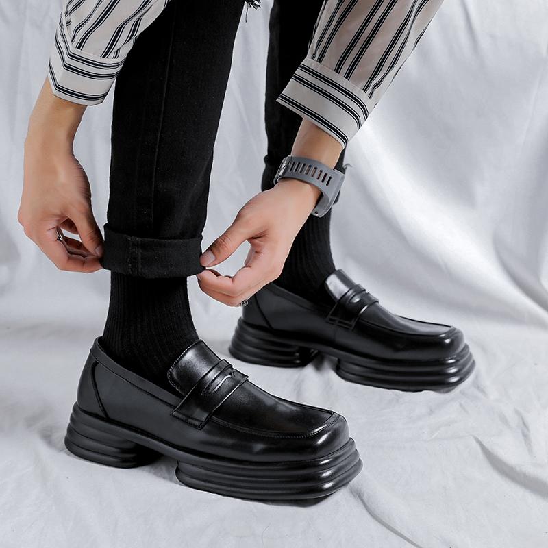 Módní pánské černé mokasíny se čtvercovou špičkou, silnou podrážkou, z PU, jednobarevné, s maskovou ozdobou, všestranné pracovní boty, módní pánské společenské boty
