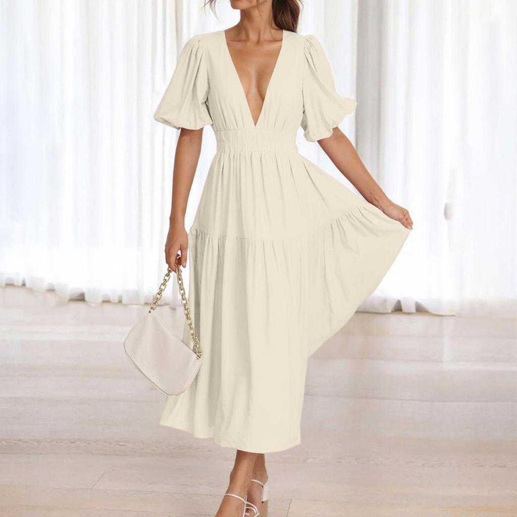 Puff Sleeve Vacation Dress For Women Summer  Deep V Neck Casual Short Sleeve A-Line Maxi Dresses