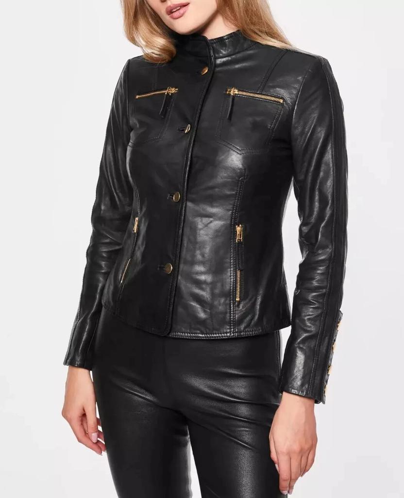 Real Soft Lambskin Leather Motorcycle Button Style Black Women's Jacket Biker Stylish