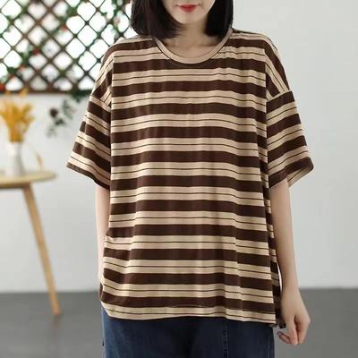T-shirt for Women Summer Large Size Cotton T-shirt Soft Loose Striped Casual Pullover T-shirt Top