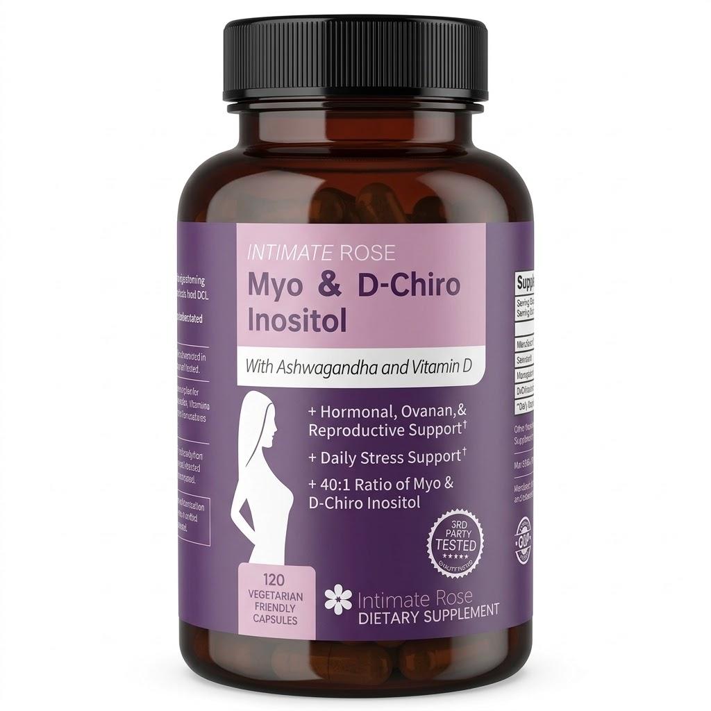Intimní doplněk s růží, myo-inozitolem a D-chiro-inozitolem, s ašvagandou a vitamínem D – 40:1 Poměr, 120 Vegetariánských Kapslí