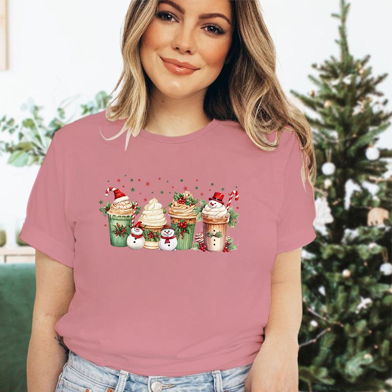 Snowman Coffee Christmas Women T Shirt Tops Tee Red Tshirt Female Summer Tshirt Christmas Graphic Tee Female Cute Tops Tee