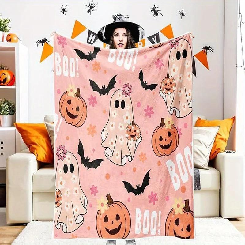 Pink Halloween Throw Blanket with Spooky Ghosts Pumpkins Bats Soft Cozy Flannel Baby Throw for Home Decor 100cm x 150cm
