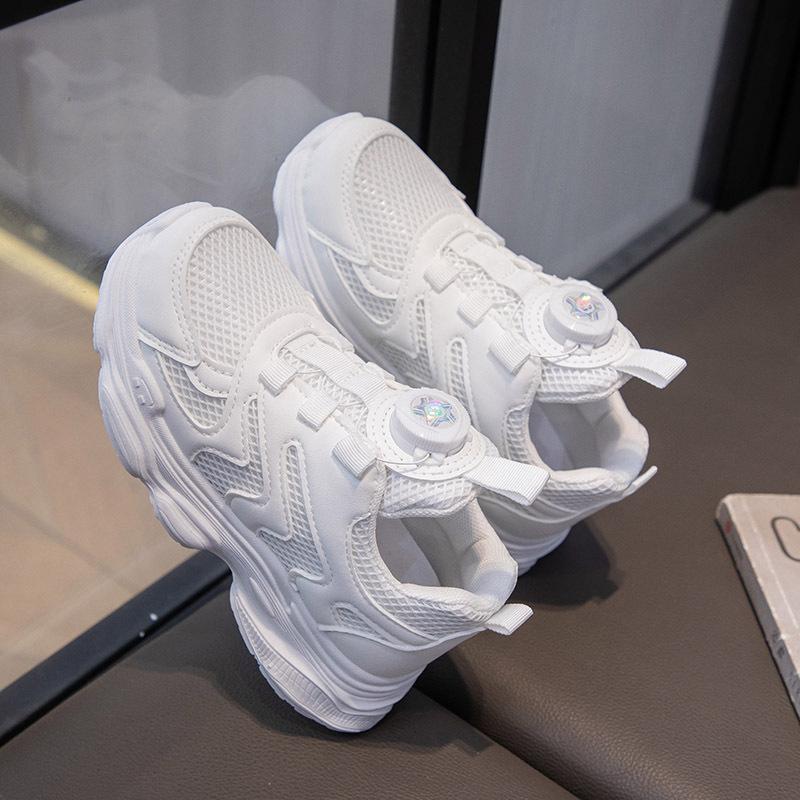 Summer New Double-mesh White Shoes with Rotating Buttons, Children's Sports Shoes for Boys and Girls, Soft-soled Running Dad Shoes