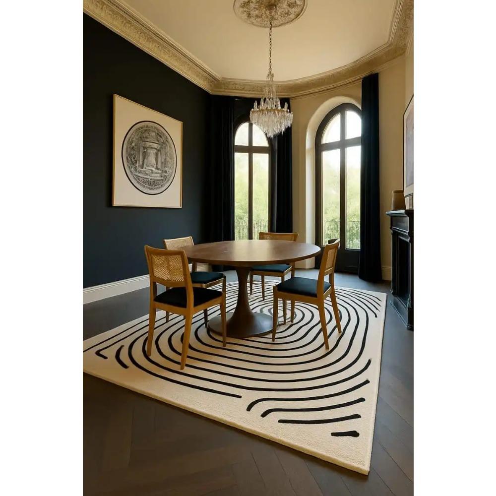 Abstrakt Linjekonstmatta – Nordisk Labyrint Golvmatta för Heminredning - Svartvit Matta Matsalsmatta