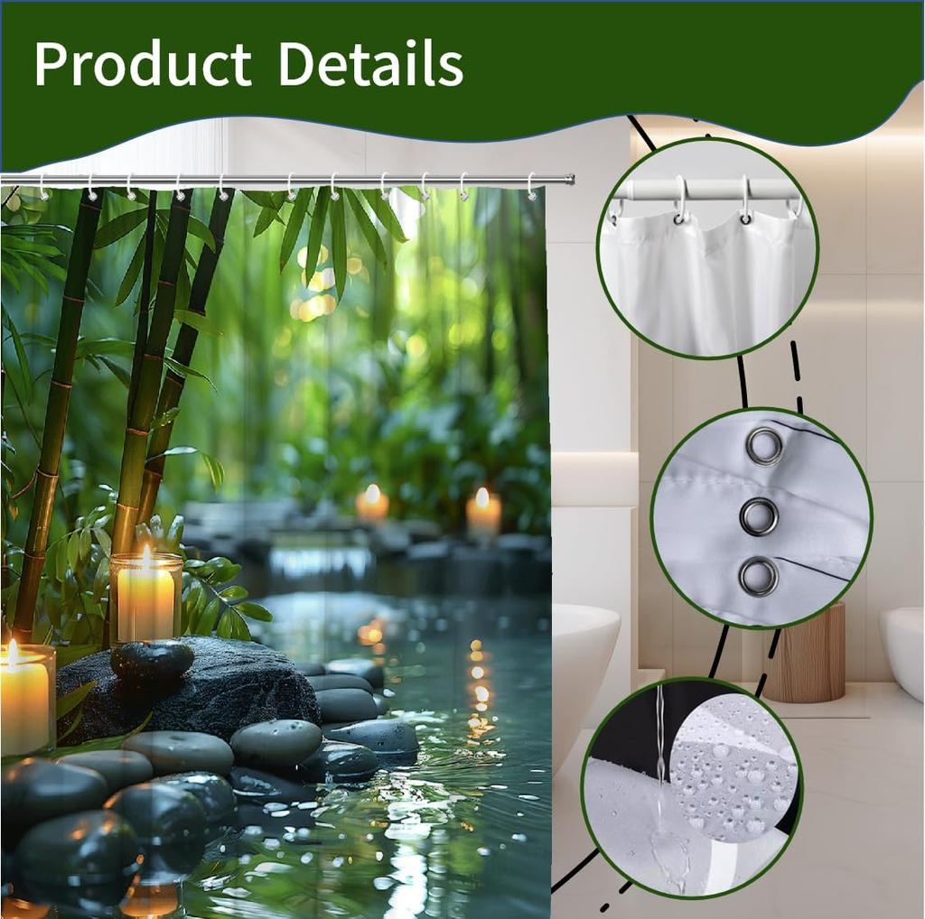 Zen Spa Shower Curtain, Bamboo Stone Water Reflection, Calming Nature Decor Set With Hooks