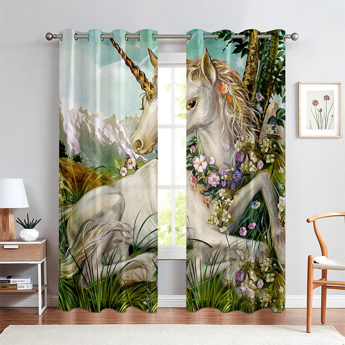 Fenstergardinen mit Einhorn-Animations-Cartoon-Muster, 2-teilig, für Kinderzimmer, Wohnzimmer, Küche, Heimdekoration W50xH140(CM)x2PCS&Grommet Top