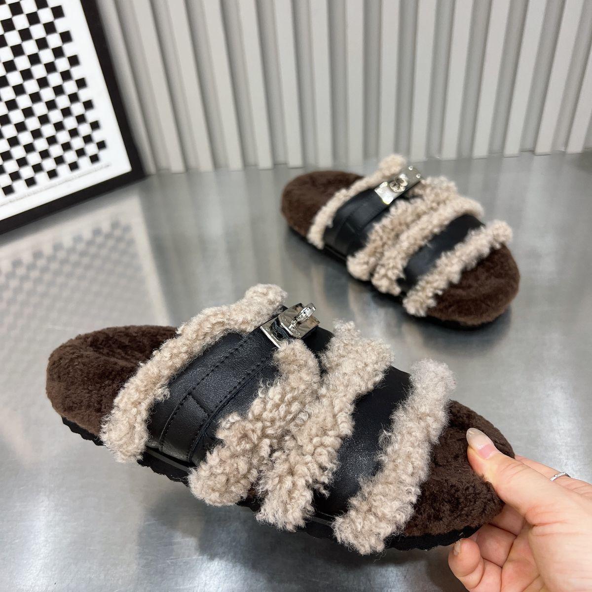 

Outdoor Women One-word Slippers Autumn New Fashion Vintage Non Slip Plush Shoes Lightweight Comfort Belt Buckle Cotton Slippers 35 чёрный