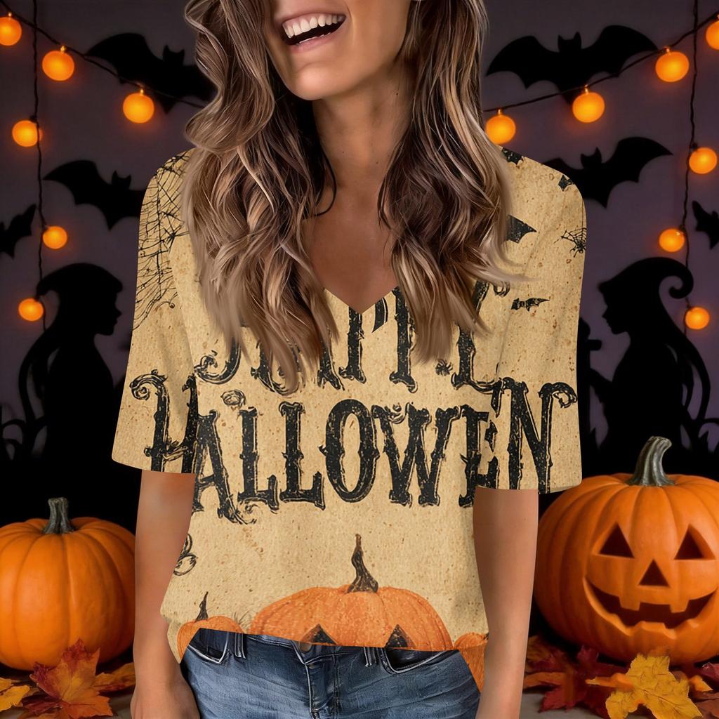 Women's Casual V Neck Top with Halloween Print, Short Sleeve, for Holiday Parties and Everyday Wear