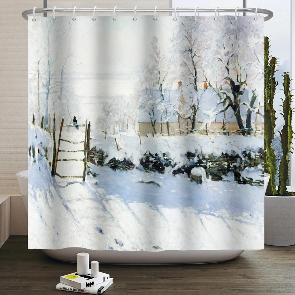 Winter Christmas Shower Curtains Natural Forest Snow Landscape Home Bathroom Curtain Waterproof Washable Bathtub Screen Decor