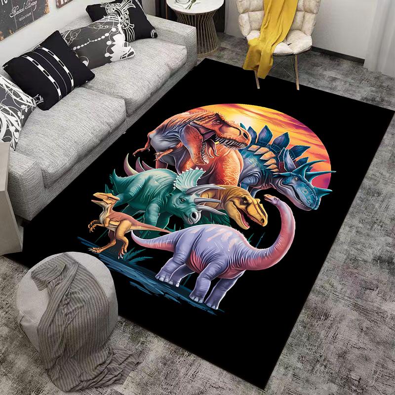 Colorful Cartoon Dinosaur Carpet with Sunset Background for Kids Room Suitable for use as an anti-slip for living room bedroom sofas