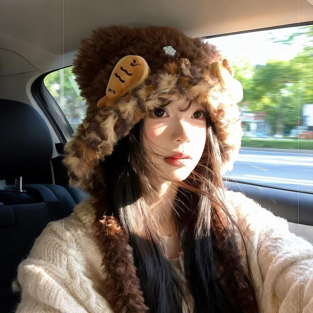 Women’s Hat Plush Earflap Beanie - Autumn Winter Knit Hat - Warm Cold Weather Protection - Lei Feng Hat Style
