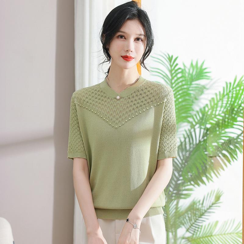 

Mom s Summer 2026 Elegant Ice Silk Short-Sleeve Top for Middle-Aged & Elderly Women - Perfect for Mother s Day. L (Recommended 80-100 lbs) зелёный