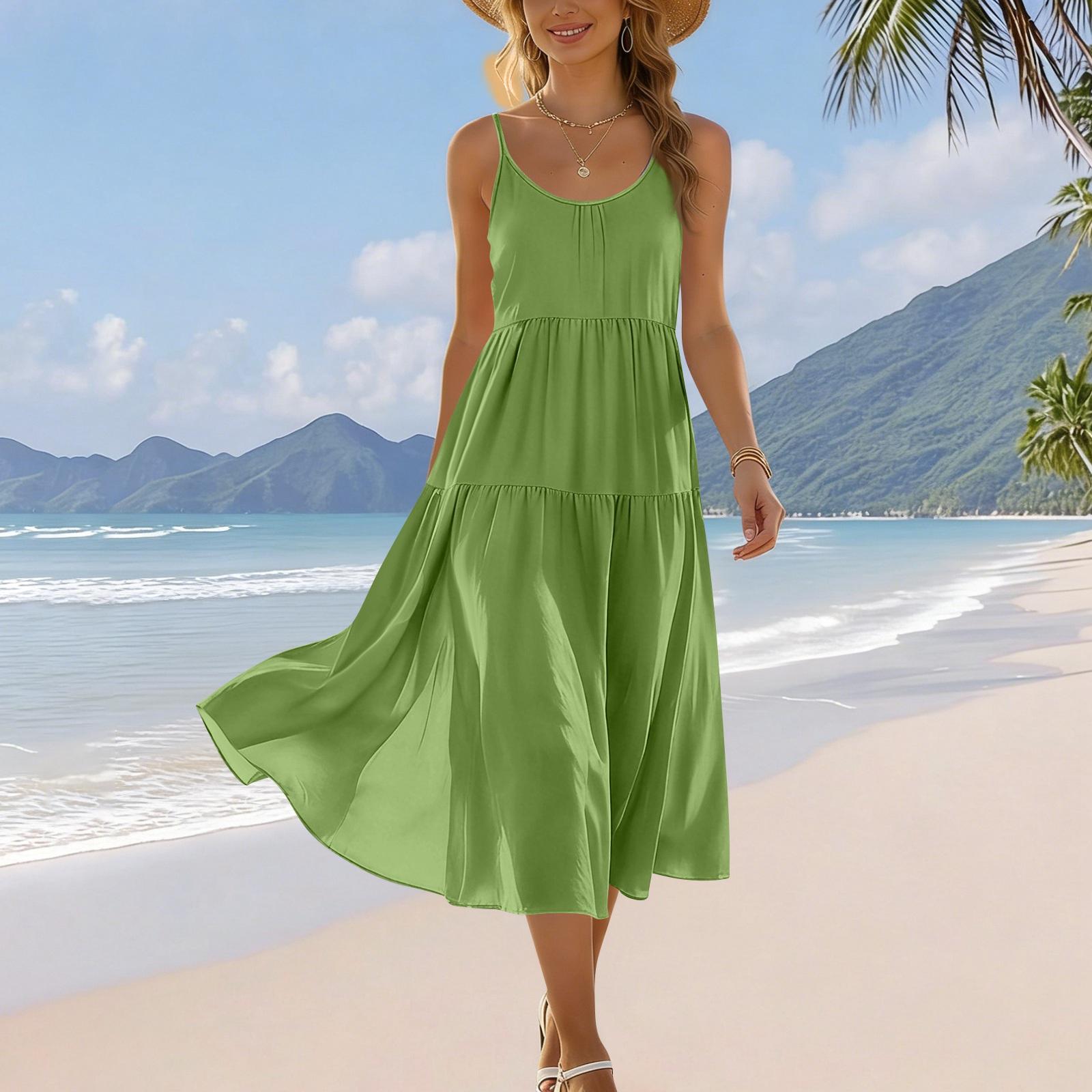 

Women’s Summer Sleeveless Adjustable Strap Bohemian Midi Dress with Pockets for Beach Vacation Casual Wear XXL