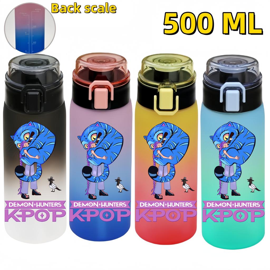 KPop Demon Hunters Sports Water Bottle Portable Leak Proof Plastic Cup Level Line Outdoor Fitness 500ML with for Kid Friendly Entertaining Fun Play