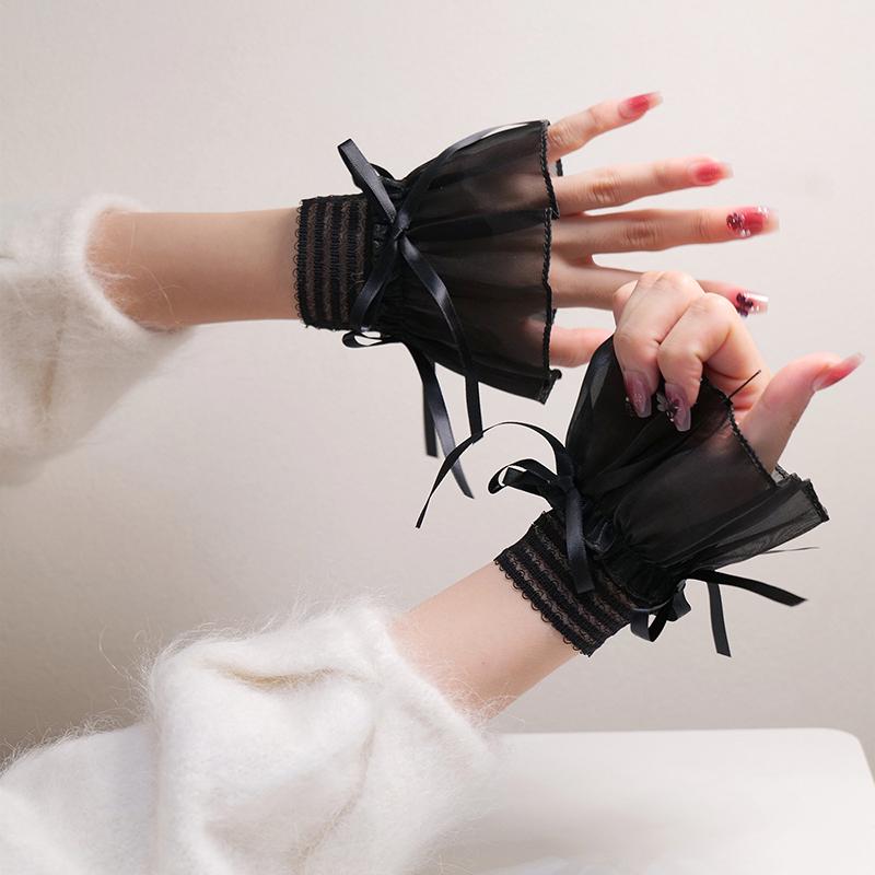 1Pair Nail Art Lace Tulle Photo Glove Fake Pleated Cuff Ribbon Bow Manicure Photography Props Nail Tips Display Lolita Sleeves