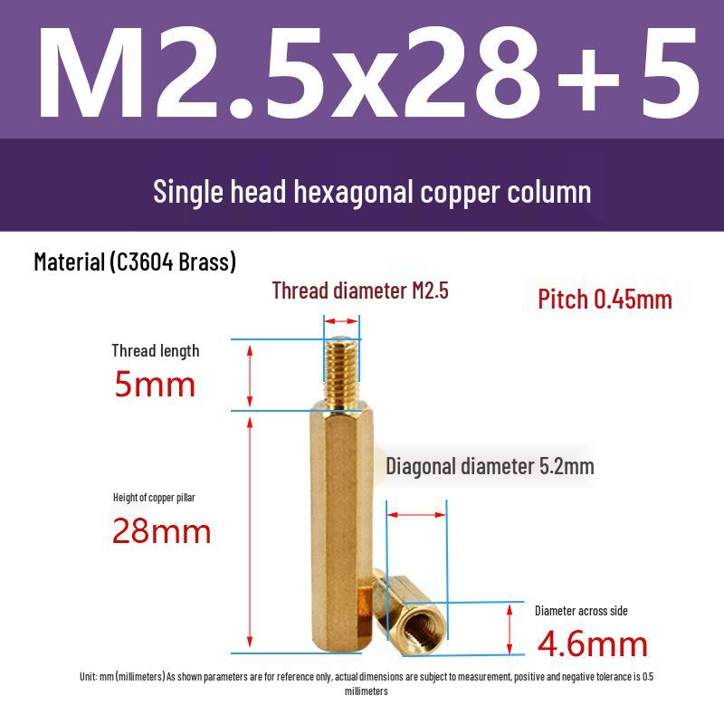 C3604 Brass Hexagonal Pillar with M2/M2.5 Internal & External Threads: Camera Stud Fixing Spacer Screw Rod