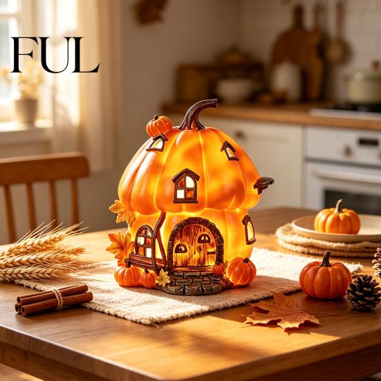 Piccola Luce Notturna Curativa Accesa Resina Zucca Casa Statuetta, Luce Notturna Capanna di Halloween, Forniture per Feste Festività Raccolta Autunnale Tavolo