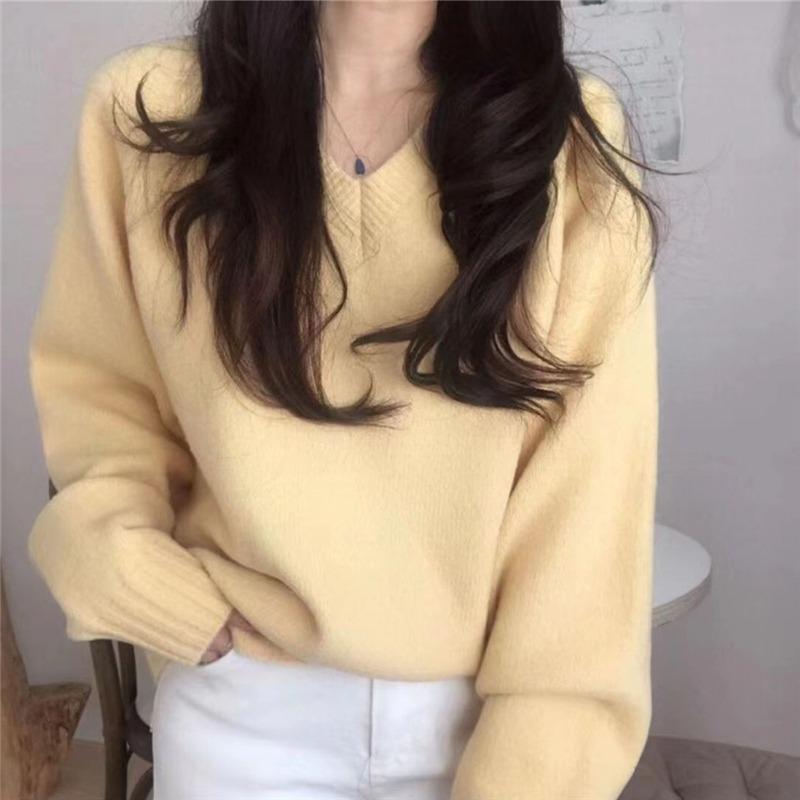 Casual V-neck Loose Pullover Knitted Women Sweater Autumn and Winter Fashion Bottoming Shirt Elegant Office Ladies Long Sleeve Sweater Solid Color Top