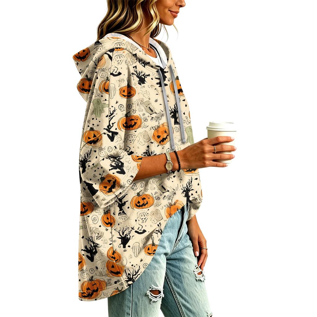 Women's Pullover Hooded Top with Three-Quarter Sleeves and Halloween Print for Costume Party