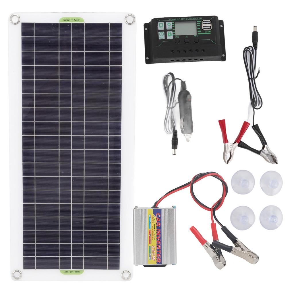 12V to 220V 30W Solar Charging Panel 220W Solar Inverter Battery Charger Kit for Camping Hiking