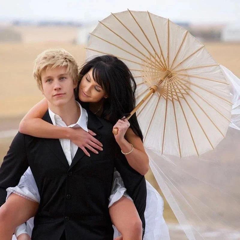 50pcs 60/80cm White Paper Long-handle Parasol Chinese Craft Paper Umbrella for Wedding Photograph Accessory Party Decor