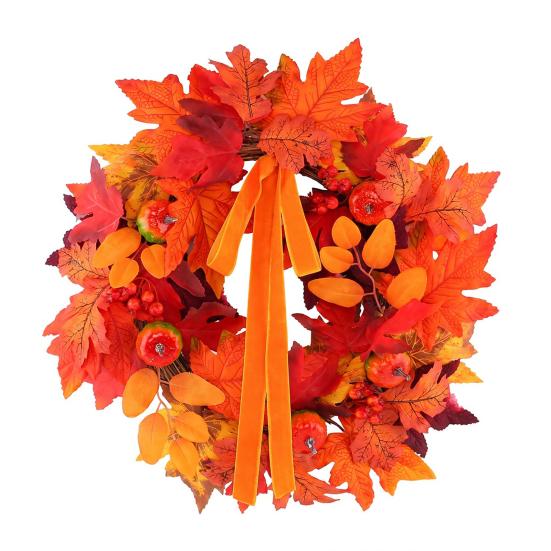 Vintage Style Harvest Party Decorations Fall Maple Leaf Pumpkin Wreath Artificial Berry Door Hanger Autumn Forest Scene Hanging Decor for Thanksgiving