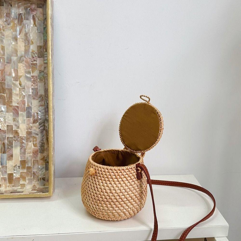 Ethnic Style Rattan Weave Bag Bohemian Round Crossbody Bag Retro Beach Bag  Picnic