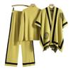 Winter suit design sense color matching long-sleeved versatile high-waisted wide-leg pants sweater knitted cardigan three-piece set women