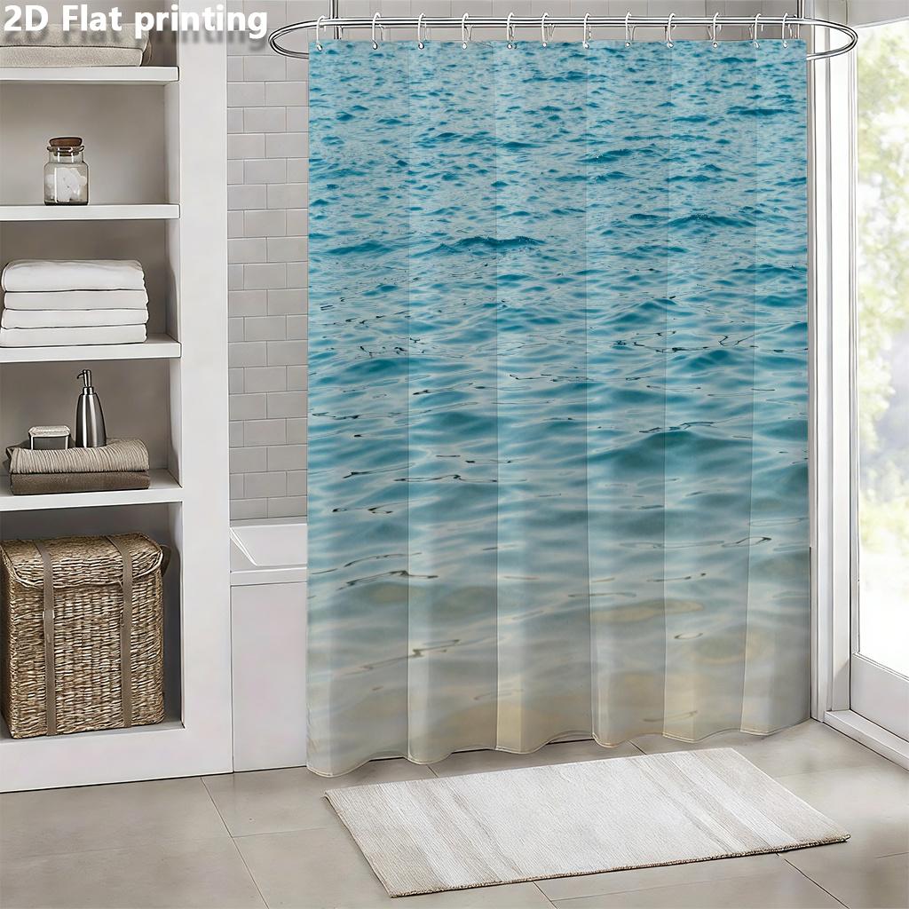 Ozeanwelle Duschvorhang 1 Stück Polyester 2D Flachdruck 70,8x70,8" Realistische Blaue Wasserwellen Cremefarbener Sandboden