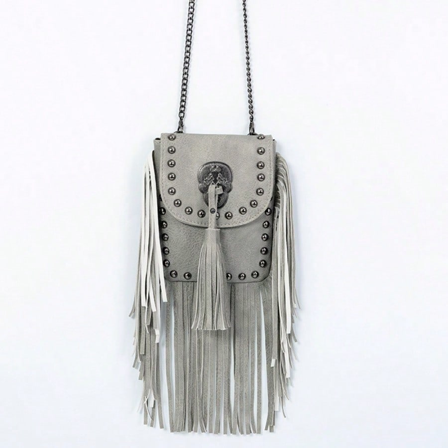 Fashion soft leather rivet fringed bag chain shoulder bag crossbody bag women's bag