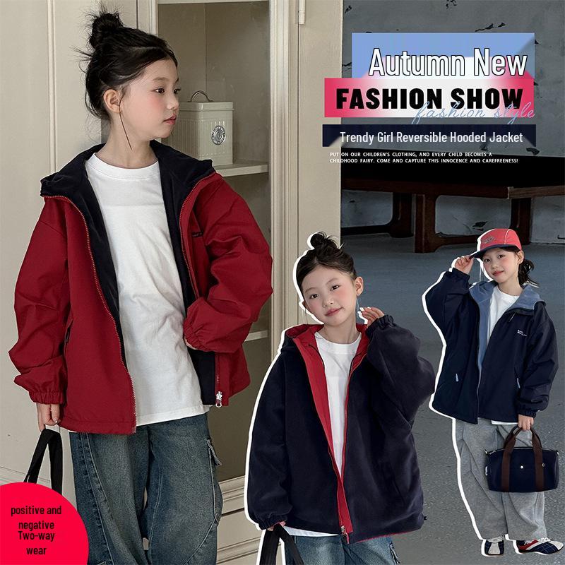 Girls' Korean Style Reversible Hooded Windbreaker: Trendy Spring/Autumn Jacket for Big Girls