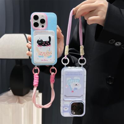 Cute Cat and Puppy Lanyard Card Bag, Suitable for iPhone16 Mobile Phone Case, Can Be Inserted Into the Card Apple 15/17 Protective Case