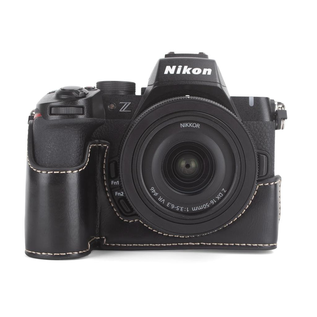 Kinokoo Z50ii Case for Nikon Z50 II PU Leather Half Protective Cover with Opening Bottom and Hand Grip Design Retro Style Camera, - (Black)