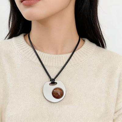 Niche Design Leather Rope Sweater Chain Long Titanium Steel Texture Disc Necklace Tide
