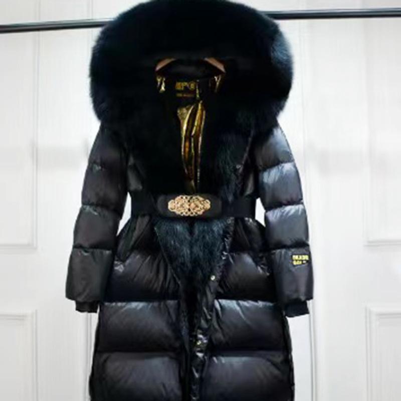Giacca Invernale con Cappuccio e Collo in Pelliccia di Volpe e Procione da Donna Spessa Calda Piumino d'Anatra Lunga Streetwear Capispalla Staccabile