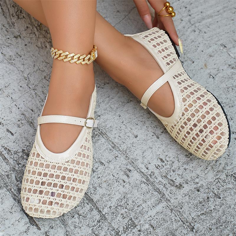 Fashion Summer Designer Cosy Mesh Heels 2025 Women Flat Shoes Fashion Round Toe Buckle Strap Casual Outdoor Dress Sandals