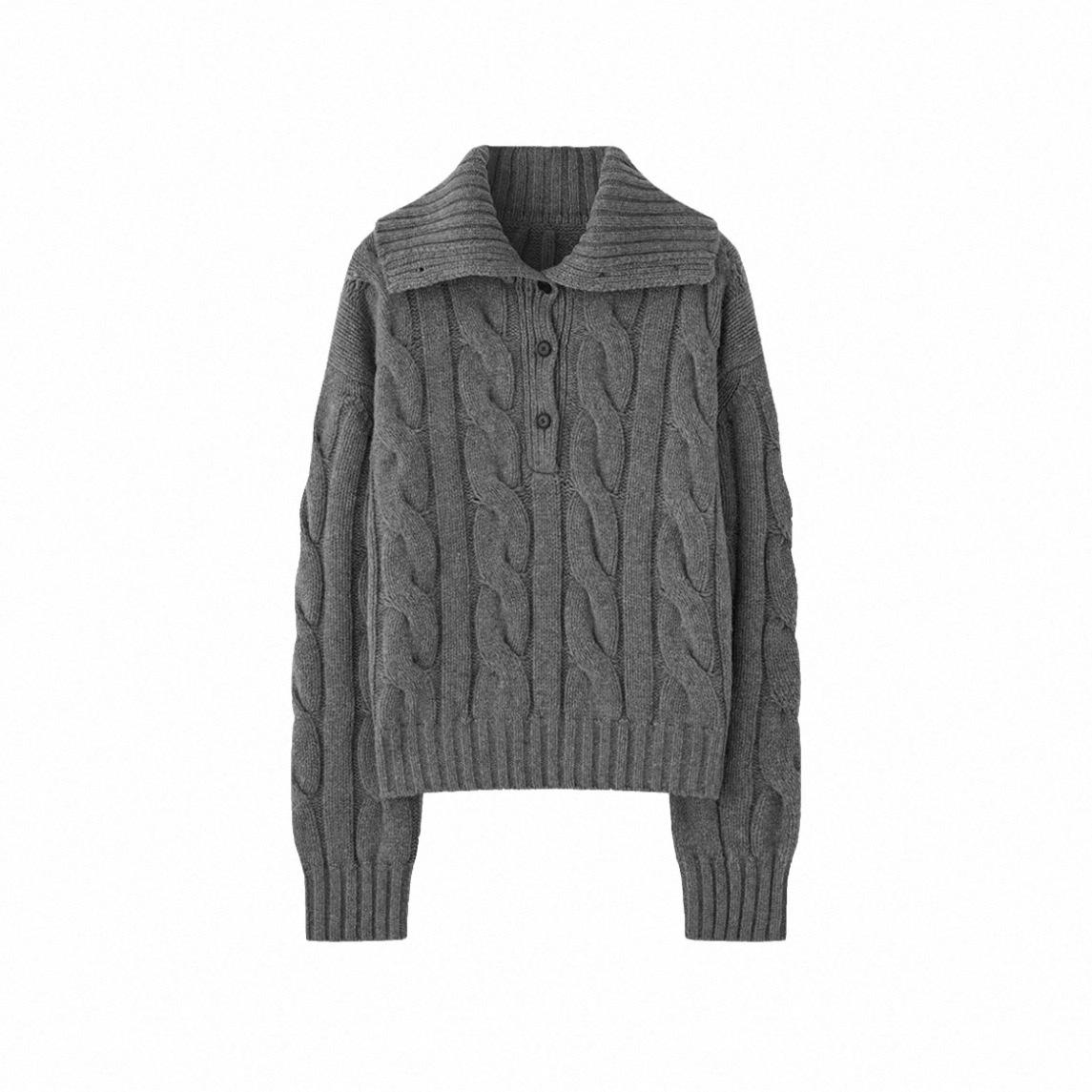 

Premium Wool Blend British Stand-Up Collar Cable Knit Sweater with Button-Up High Neck and Large Lapel Large
