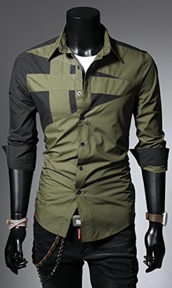 Casual Long Geometric Slim Cut and Green and Dress Salon LEON Student Coordination Green and (SGL Collection) Men's Shirt, Sleeve, Design,