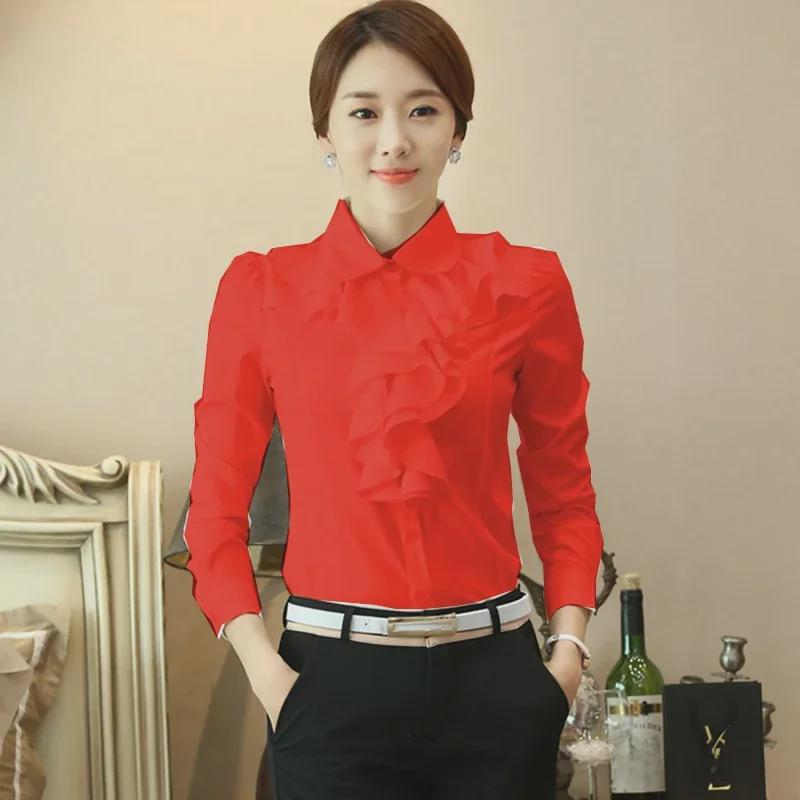 Spring Korean Style Doll Collar Ruffled White Chiffon Long Sleeve Slim Fit Women's Shirt