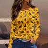 Women's Halloween Print Long Sleeve Top with Round Neck and Hem Slit