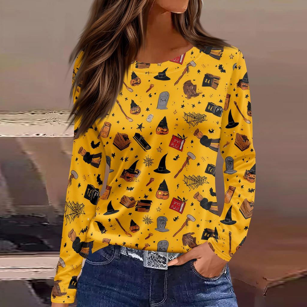 Women's Halloween Print Long Sleeve Top with Round Neck and Hem Slit