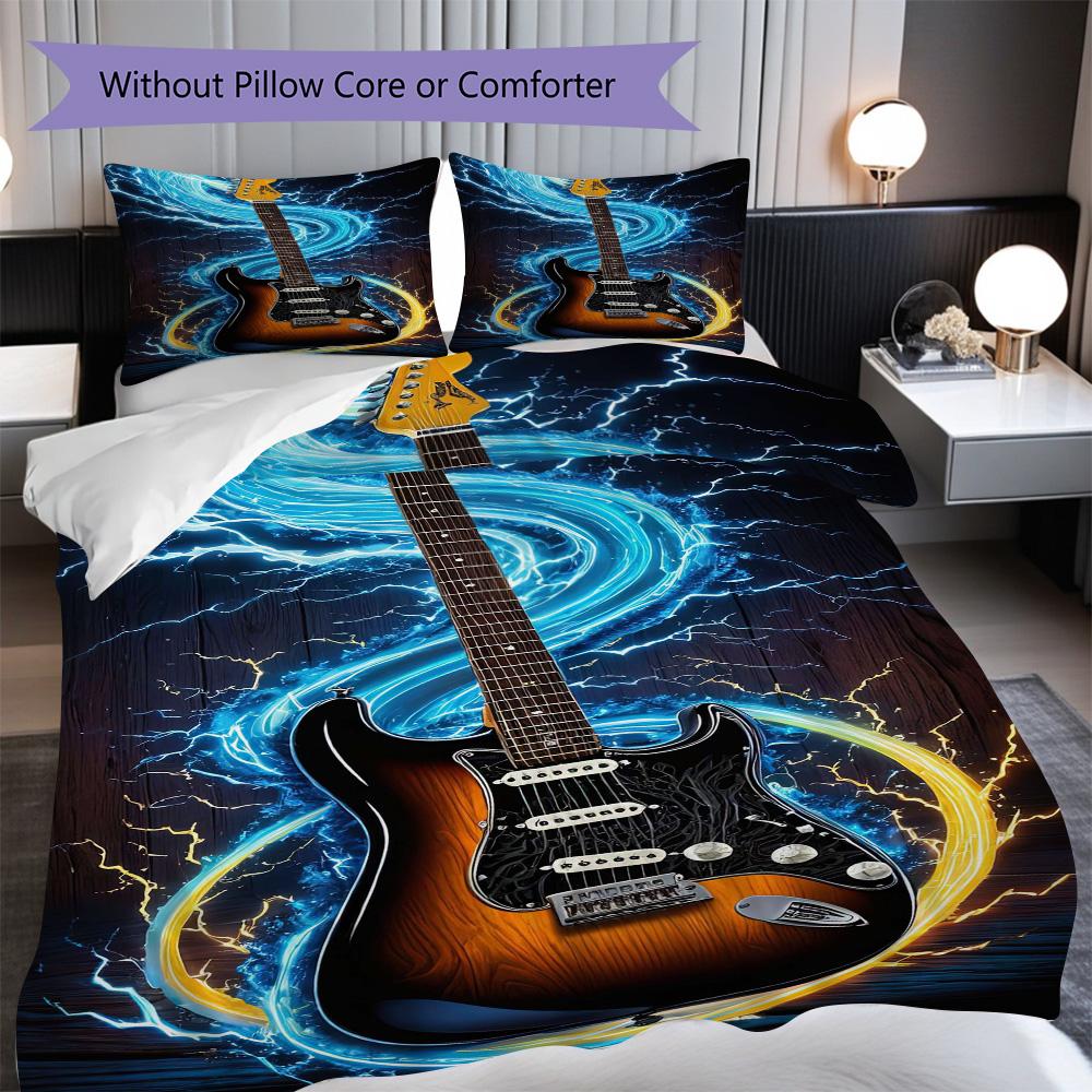 1PC Music, Guitar Theme Bedding Quilt Set Quilt Cover Pillowcase Home Decoration Birthday Gift (1 * Duvet Cover + 2* Pillowcase, Without Core)
