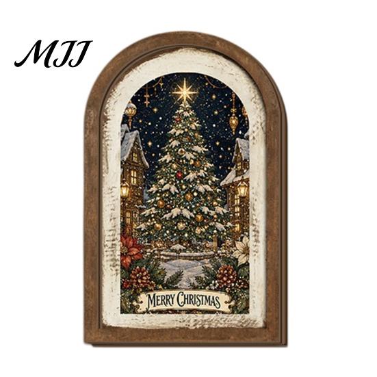 Farmhouse Christmas Tree Decorations Vintage Arched Wooden Wall Art, Double Layer Wood Framed Sign, Bedroom Winter Ornaments Xmas Print Hanging Decor