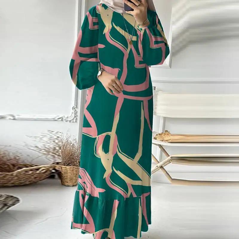 Retro Puff Sleeve Printed Ruffle Pocket Dress for Muslim Women - Middle East Spring & Autumn Long Robe