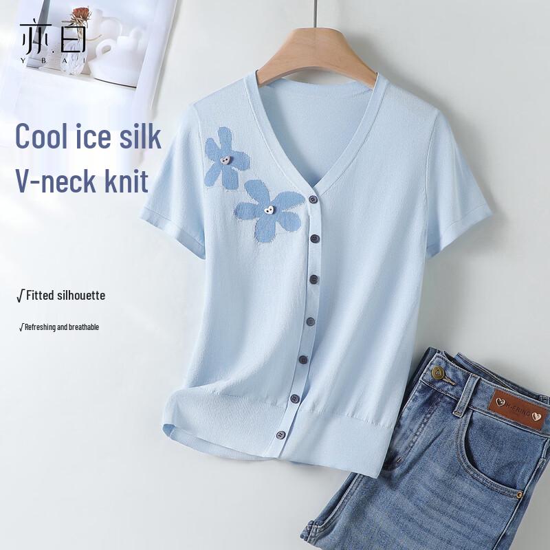 Yibai Summer Cooling Ice Silk V-Neck Knit T-Shirt S