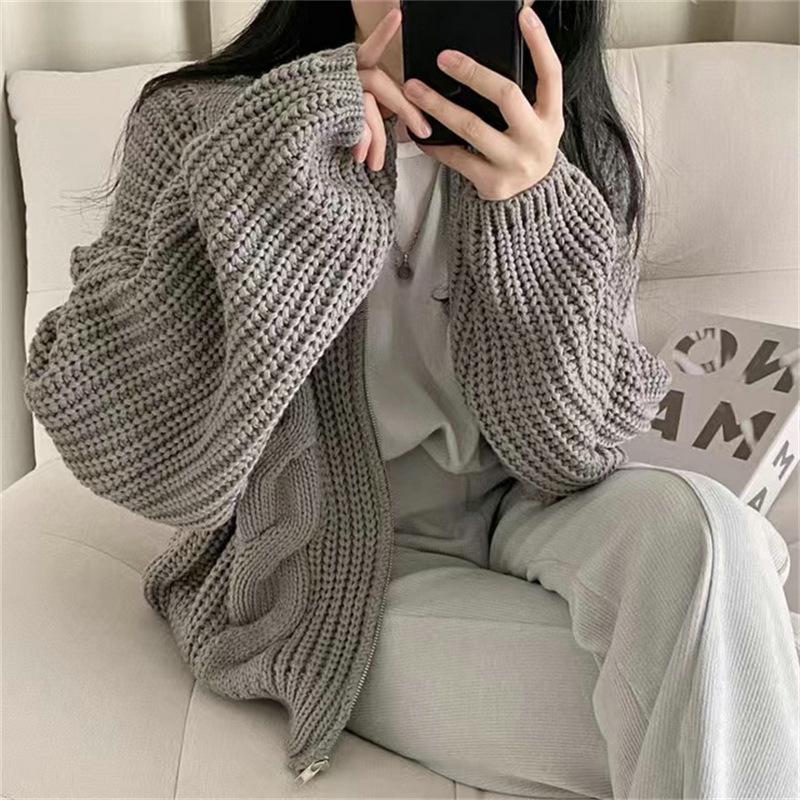 Korean Retro Chic Autumn/Winter Loose Zipper Cable Knit Women's Cardigan
