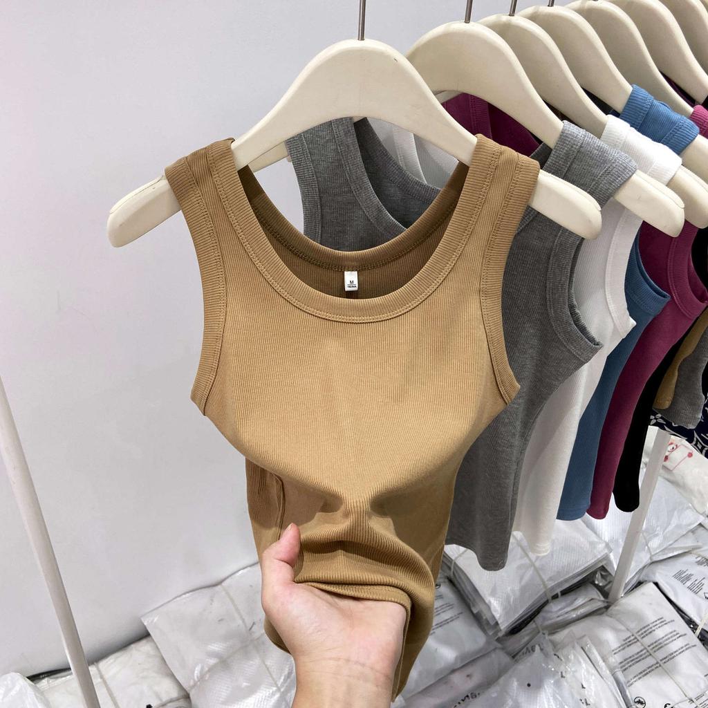 White Cover Double Breasts I-shaped Vest Women's Outer Wear Elastic Thread Inner Top Spring and Summer Basic Sleeveless Suspenders