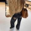 Pantaloni Blugi Evazați cu Talie Înaltă, Croială Largă, cu Petice Stea Leopard și Decorațiuni Strălucitoare